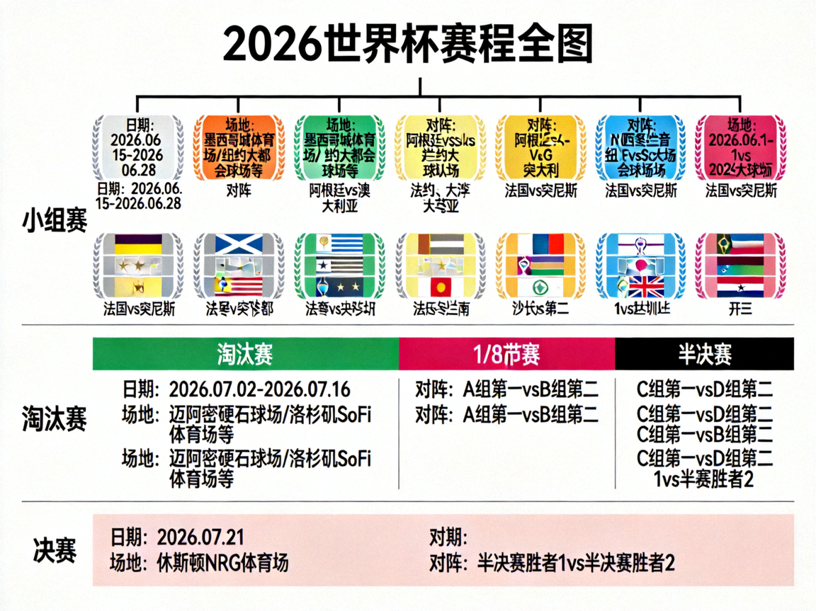 2026世界杯赛程表全图完整展示64场比赛时间与对阵安排从小组赛到决赛一图涵盖小组赛A至H组淘汰赛16强8强半决赛决赛及三四名决赛全部日期与对阵信息