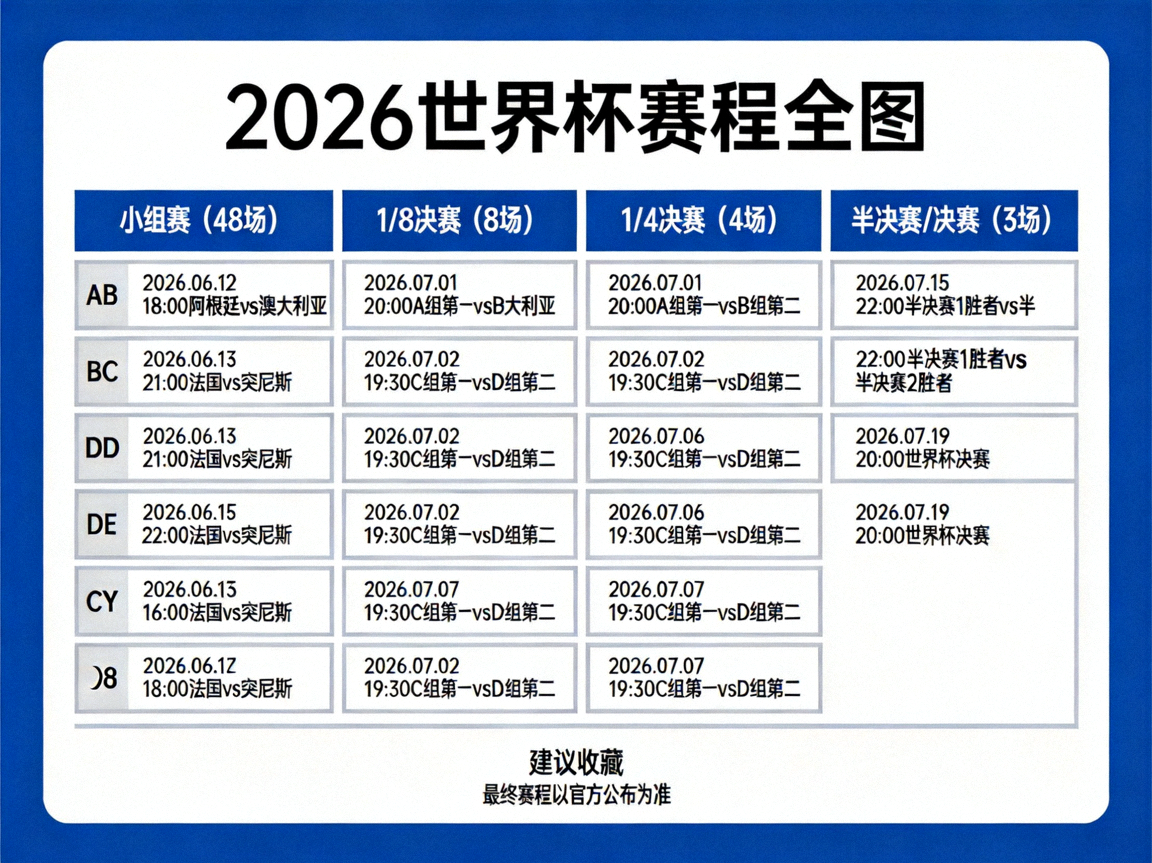2026世界杯赛程表全图——从小组赛到决赛共64场比赛完整对阵时间表全部比赛日期场地及对阵双方信息一图总览